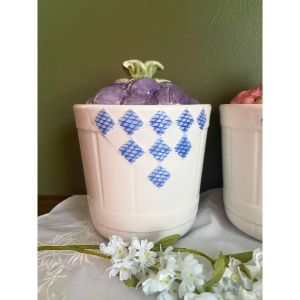 Vintage‎ Treasure Craft Ceramic Fruit Canister Set Plums and Cherries